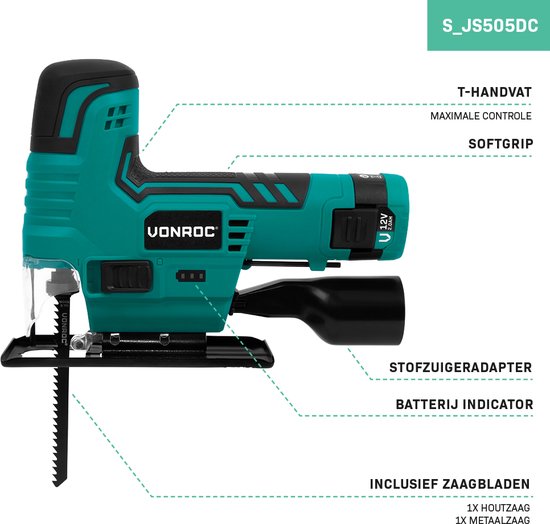 VONROC Accu-Stichsäge 12V - Inkl. Akku, USB-Kabel und Sägeblätter