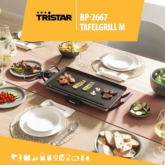 Tristar Grillplatte BP-2667 - Tischgrill M: 46 x 26 cm - Für den Innen- und Außenbereich - BPA frei - Gourmet-Grillplatte für den Tisch - 4 bis 6 Personen - Mit einstellbarem Thermostat - Antihaftbeschichtung - Schwarz