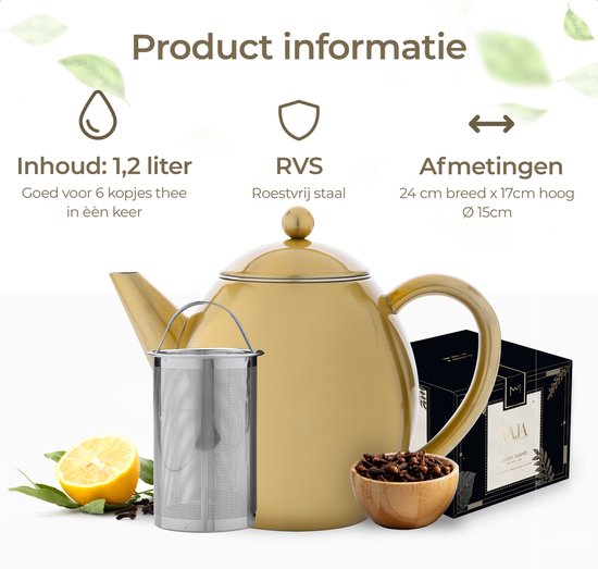 Vaja® Teekanne Valerie Gold - Doppelwandig - 1,2 Liter - Edelstahl-Teekanne mit Filter & Heißhalterung