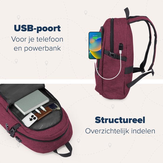 TRVLMORE Rucksack mit Lifetime - Rucksack mit 15.6 Zoll Laptopfach - Schultasche - spritzwassergeschützt - Männer und Frauen - Jungen und Mädchen - 25L - Burgunderrot