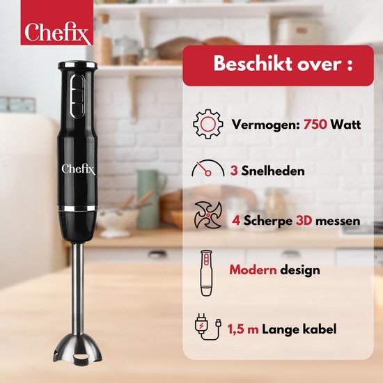 Chefix Stabmixer Set 4-in-1 - Stabmixer - Schneebesen Schneebesen Messbecher - 750 W - Schwarz