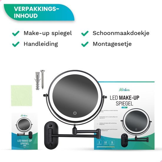 Make-up-Spiegel mit Led-Beleuchtung - 5X Vergrößerung - Wandspiegel rund - Rasierspiegel Wandmodell - Badezimmer - Dusche - Schwarz