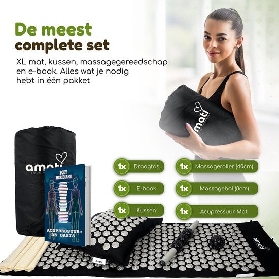 Amati Blue Lotus Nail Mat - mit Kissen - Massage Roller & Ball - Akupressur Matte - Shakti Mat - Schwarz