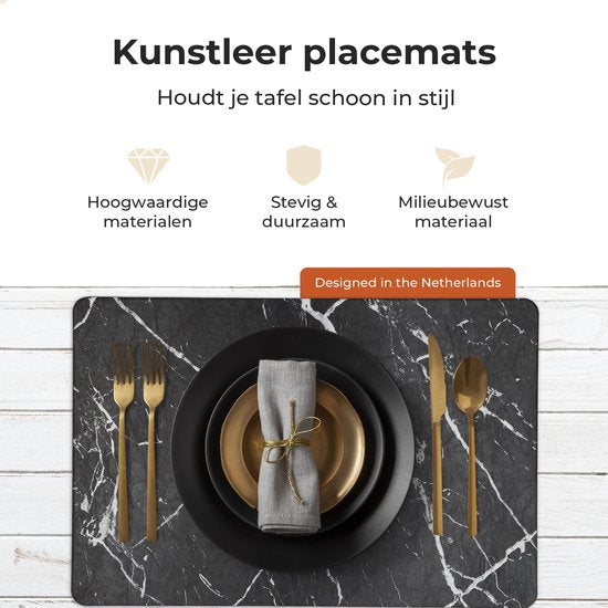 Castagnola Platzsets in Lederoptik - Rutschfeste Platzsets aus Kunstleder - Wasserabweisende Untersetzer - Untersetzer - 6 Stück - 45 x 30 cm - Schwarz/Weiß - Marmormuster