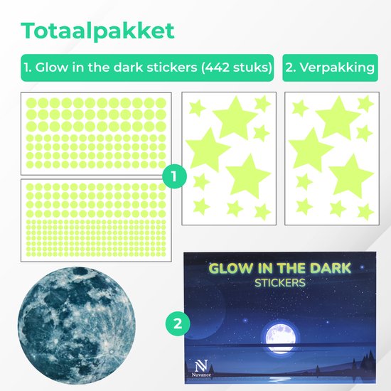 Nuvance - Glow in the Dark Sterne und Mond - 442 Stück - Wandaufkleber Kinderzimmer