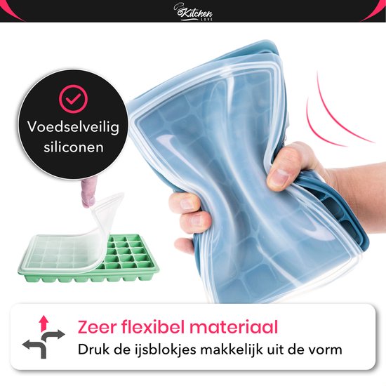KitchenLove Silikon Eiswürfelform mit Deckel (2 Stück) - 80 Eiswürfel - Quadratisch - BPA frei - 100% Silikon - Grün & Blau