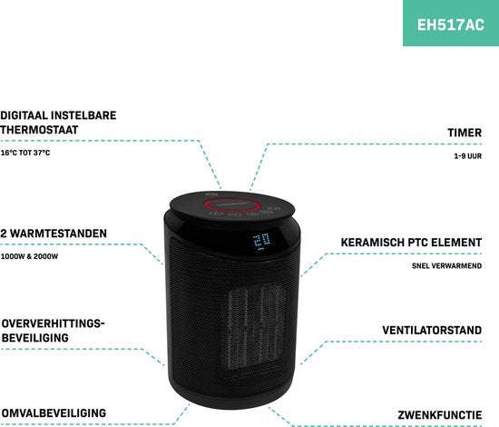 VONROC Elektroheizgerät - Heizlüfter - 1000W/2000W - Keramik - 3 Einstellungen - Schwenkfunktion - LED-Anzeige - Thermostat und Timer - 20m2