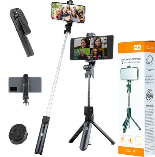 Studio ME - 3-in-1 Selfie Stick & Stativ - 19 bis 70 cm - Mit Bluetooth-Fernbedienung - Universelles Telefonstativ - Kompakt & Tragbar - Schwarzer Kunststoff & Edelstahl