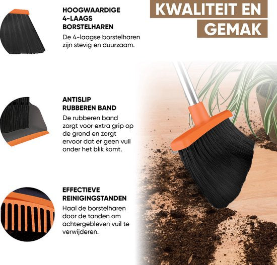 TTD® Kehrschaufel und Bürste mit langem Stiel XXL - Verstellbar 54-263 cm - Besen - Besenstiel - Grau & Orange - Kehrschaufel und Bürste - Schmutzbehälter für drinnen und draußen - Integrierte Reinigungszähne