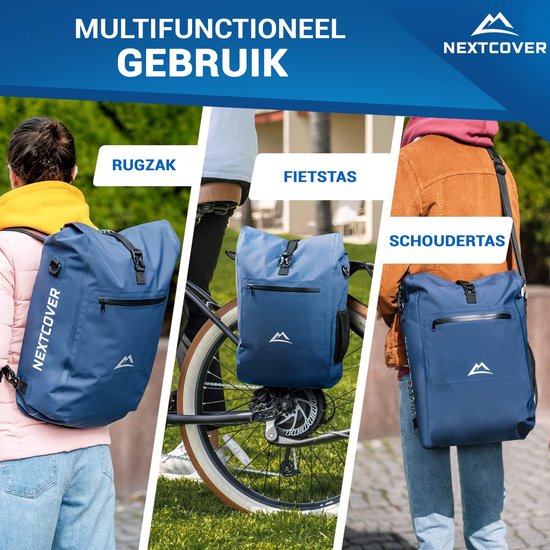 NEXTCOVER® NEW 3-in-1 Fahrradtasche für Gepäckträger [Aquashield] - Reflektierende Gepäcktasche wasserdicht - Rucksack und Umhängetasche [25 Liter]- Blau