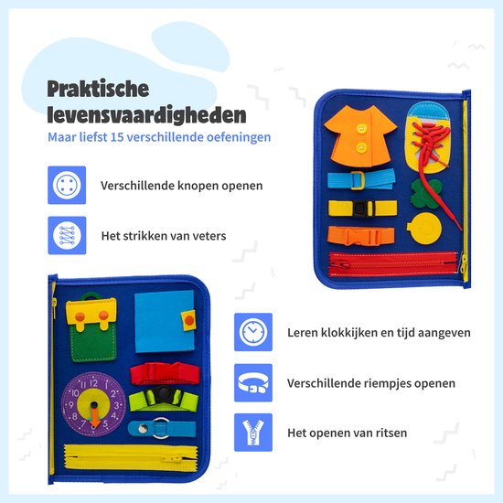 MontiPlay® Montessori-Spielzeug - Sensorisches Spielzeug - Activity Board - Busy Board - Montessori-Aktivitätsbuch für Zuhause - Pädagogisches - Sensomotorisches Spielzeug - Blau