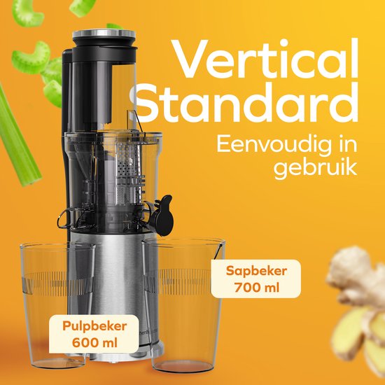 KitchenBrothers - Slowjuicer - Vertikal - Gemüse- und Obstpresse - 80 mm - 750 ml - Grau