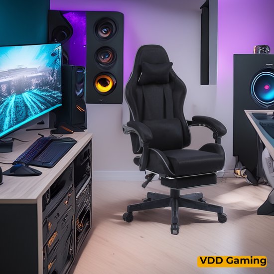 VDD Gaming - Spielesessel mit Massagefunktion und Fußstütze - Spielesessel in der Farbe Schwarz - Spielesessel mit Nackenkissen & verstellbarem Rückenkissen - Ergonomischer Bürostuhl mit gepolsterten Armlehnen - Belastbarkeit bis 150 kg - Verstellbare Rüc