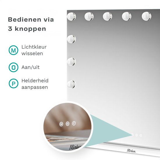 Mirlux Large Hollywood Mirror - 80x60CM - LED-Beleuchtung - USB & USB-C Ladeanschlüsse - Make Up - Weiß