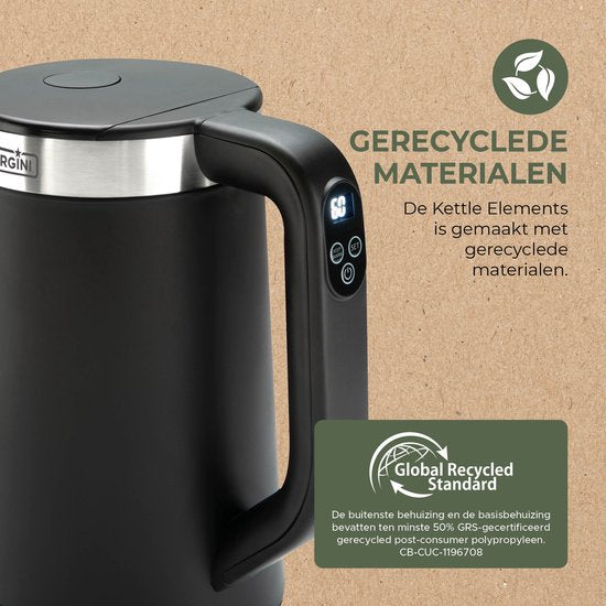 Bourgini Elements - Digitaler Wasserkocher - Schwarz - 1,7 Liter Fassungsvermögen - GRS-zertifizierte, recycelte Materialien