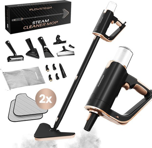 FLOWSTEAM® Deluxe Dampfreiniger - 13 Aufsätze - 120° Dampf - Inklusive 2 Mikrofasertücher - schwarz
