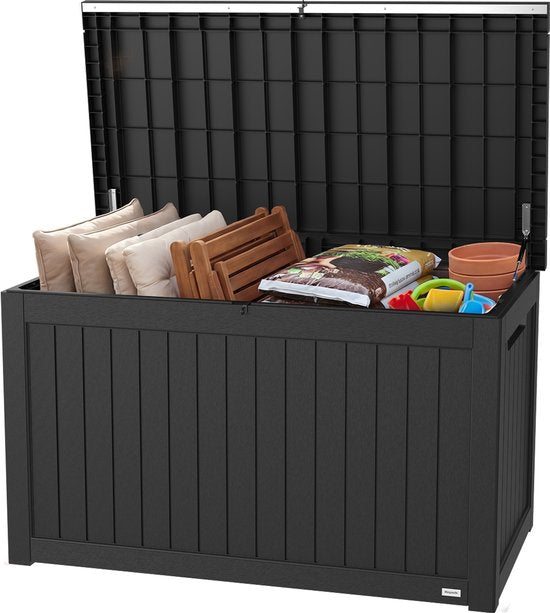 LifeGoods Aufbewahrungsbox - 870L - Kissenbox - Wasserdicht - Garten-Kissenbox - Rostfrei - Gartenbox - 146.5x81.5x85.6 cm - Schwarz