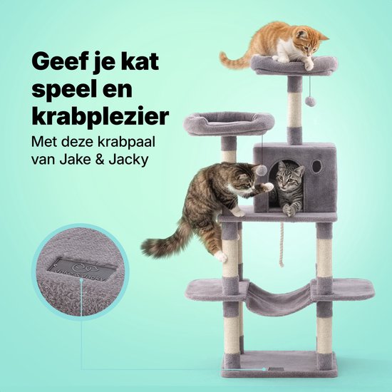 Jake und Jacky Kratzbaum für Katzen – Katzenkratzbaum – Kratzmöbel – Katzenbaum – Kratzbäume – Katzenhaus – Hellgrau – 147 cm hoch