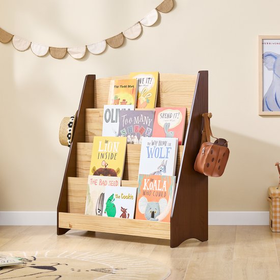 SoBuy KMB32-N Bücherregal für Kinder, Spielzeug, Bücherregal, 4 Ebenen, mit 2 Haken, Bücherregal, Aufbewahrungsschrank, Schlafzimmer, Büro, Wohnzimmer, natur, 91 x 30 x 89 cm