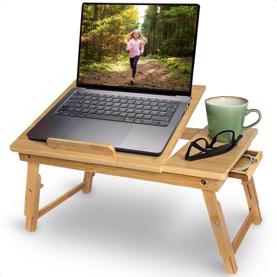 Goliving Laptop-Tisch - Ausklappbar auf 39 cm Höhe - Verstellbare & klappbare Arbeitsfläche - Ergonomischer Laptop-Tisch - Bank-Tisch - Bett-Tisch - Laptop-Ständer - Holz