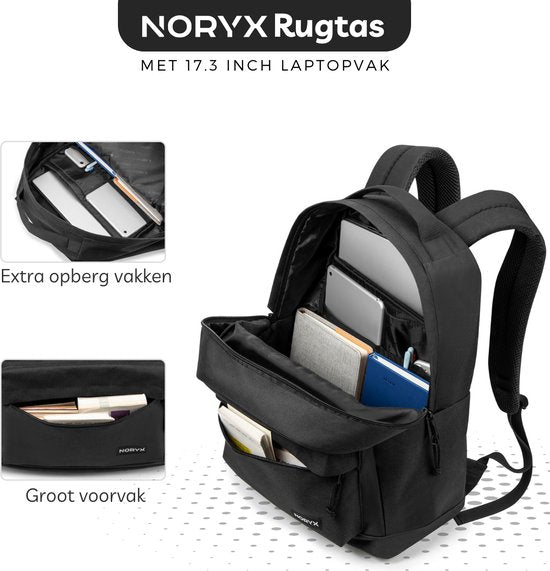 Noryx Origin Rucksack 27L - 15.6 Zoll - Laptop-Rucksack - Schultasche - Männer und Frauen - Spritzwassergeschützt - Schwarz