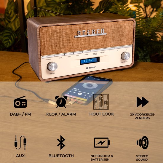 Denver DAB Radio XL - Retro-Radio - Bluetooth - DAB+/ FM - Batterien & Netzanschluss - DAB36LW