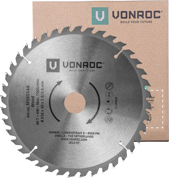 VONROC Sägeblatt - Ø216MM - 40 Zähne - für Holz - geeignet für Kapp- und Tischsägen