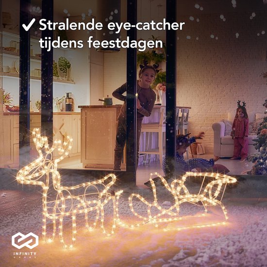 Infinity Goods Rentier mit Schlitten - Weihnachtsbeleuchtung - Outdoor Indoor LED Figur - Weihnachtsdekorationen - 3D Lichtergirlande - Weihnachten - Warm White