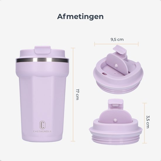 Castagnola Thermos Cup - Kaffeebecher To Go - Reisebecher für Kaffee und Tee - Teebecher - 380 ML - Edelstahl - Hellviolett - Achteck