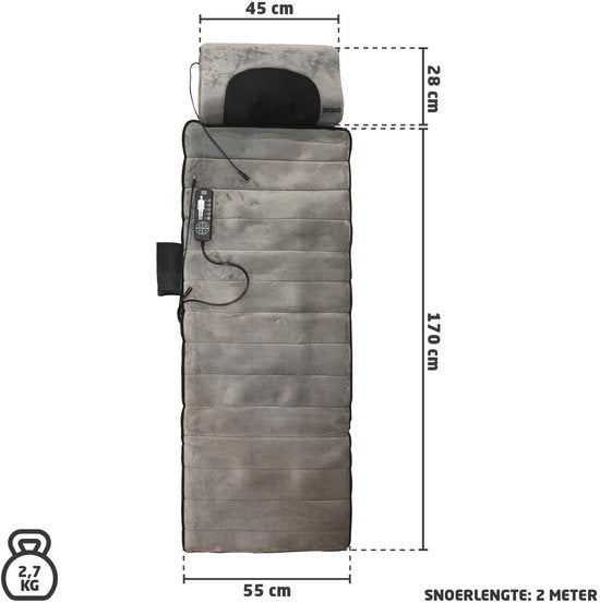 BREND BR-2230 Elektrische Massagematte und Kissen - Massagematratze mit Wärme, 5 Vibrationsmodi und 3 Intensitäten - Massagekissen - 170X55 CM - Grau