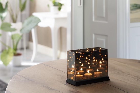 Liva Living Magic Cube - Stimmungslichthalter - 3 Kerzen - 20 x 9 x 15 cm - Mit getöntem Spiegelglas - Unendlichem Reflexionseffekt - Für Innen und Außen - Schwarzes Glas
