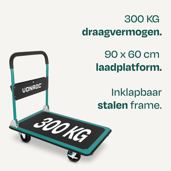 VONROC Plattformwagen - klappbar - Tragfähigkeit max. 300 kg - große Ladefläche 90x60 cm - Transportwagen - inklusive Zurrgurte
