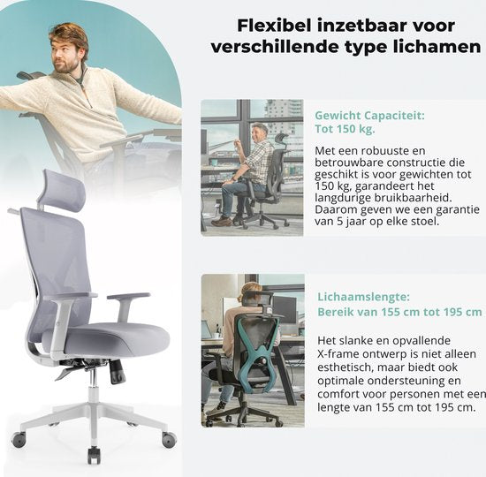 Backerz Ergonomischer Bürostuhl - Verstellbar - 3D Armlehnen - Kopfstütze - Weiß/Grau