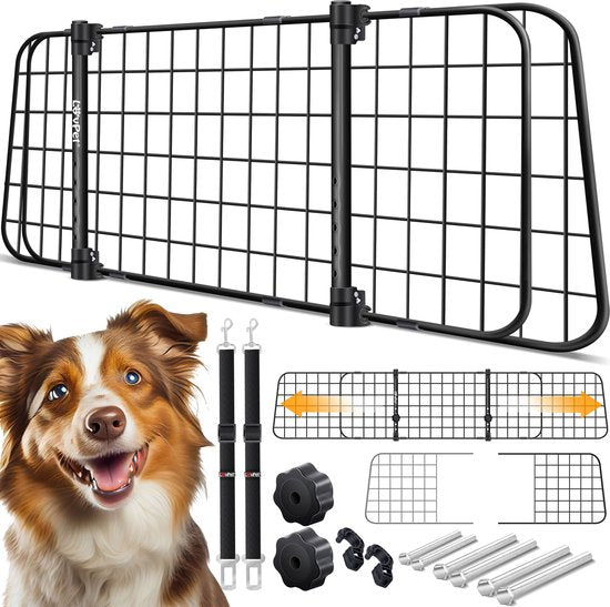 LovPet® Hundehalterung Auto, Universal-Autotrennwand, verstellbare Breite, Kopfstütze Gepäckablage Kofferraumschutz Abmessungen HxB 30 x 91-153 cm , + 2x Sicherheitsgurt für Hunde - Schwarz
