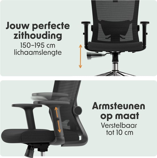 LifeGoods Ergonomischer Bürostuhl - mit extra Anti-Kratz-Rädern - Bürostuhl - NEN und SGS zertifiziert - Erwachsene - Kopfstütze - Schwarz/Chrom