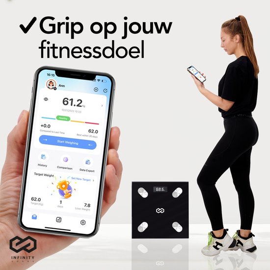 Infinity Goods Digitale Personenwaage mit App - Intelligente Waage mit Körperanalyse - Schwarz