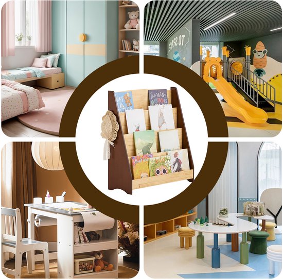 SoBuy KMB32-N Bücherregal für Kinder, Spielzeug, Bücherregal, 4 Ebenen, mit 2 Haken, Bücherregal, Aufbewahrungsschrank, Schlafzimmer, Büro, Wohnzimmer, natur, 91 x 30 x 89 cm