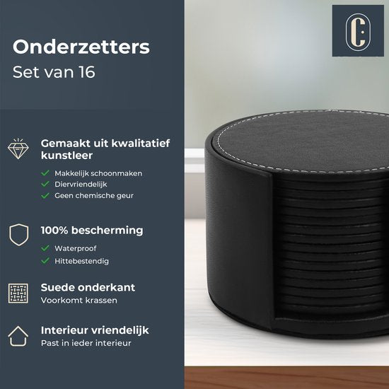 Castagnola Kunstleder-Untersetzer - Untersetzer für Gläser - Design-Untersetzer mit Halterung - Leder-Untersetzer-Set - Leder - Set mit 16 Stück - Schwarz mit Naht
