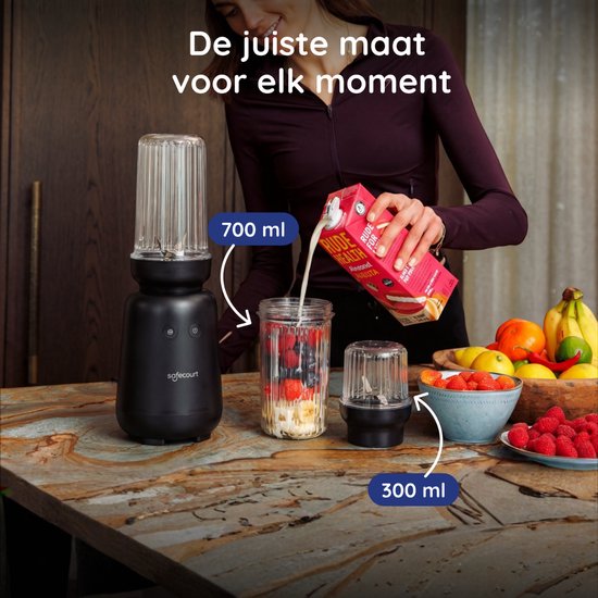 Safecourt Kitchen PureBlend - 1000W Smoothie Maker - BPA frei - inklusive To-Go Trinkdeckel + Strohhalm - Premium Tritan Becher - Schwarz