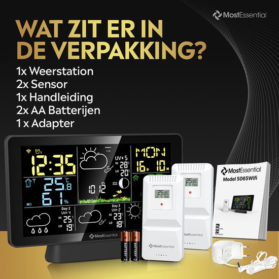 MostEssential Wetterstation Wifi Edition - Drahtlose Wetterstation mit Außensensor - Hygrometer - Innen und Außen - 150 Meter Reichweite - Inklusive App - Schwarz - 2 Sensoren