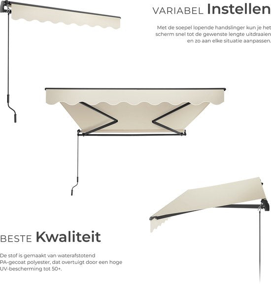 tectake® Sonnenschirm mit Gelenkarm - 250 x 200 cm - Markise - Sonnenschutz für Fenster, Balkon, Außenbereich - Wandmontierbar - Wasser- und UV-beständig - Beige