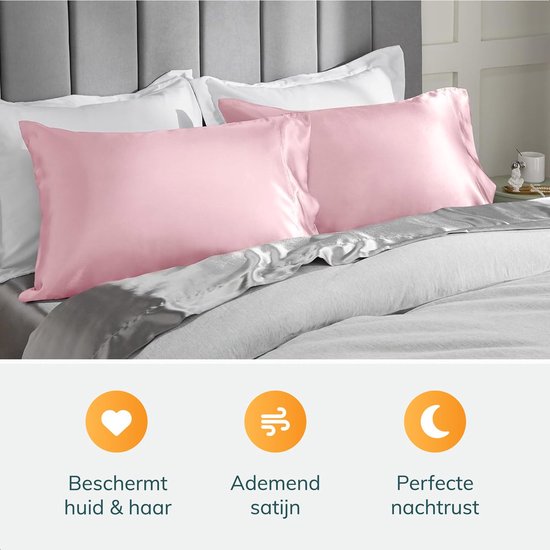 Satin-Kissenbezug-Set - Inkl. Mütze und Schlafmaske - 60x70 cm - Schlafmütze - Locken - Satin - Moerbij - Seide - Schönheit - Seide - Weich - Satin rosa - Soft & Silky