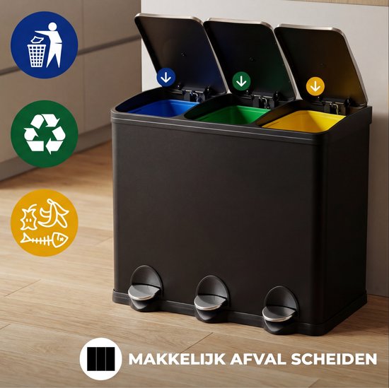 Bayt Mülleimer - Treteimer 45 Liter - Mülleimer 45 Liter - Mülleimer 45 Liter - Mülltrennung - Mülleimer 3 Fächer - 3x15 Liter- Abfalleimer- Edelstahl - Schwarz