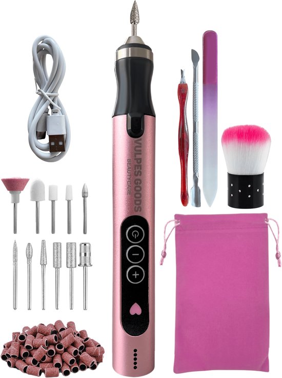 Vulpes Goods® BeautyCare - Elektrische Nagelfeile - Schnurlos & wiederaufladbar - 11 Nagelschleiferbits und 96 Schleifrollen und Tragetasche - Maniküre und Pediküre Set - PRO Version