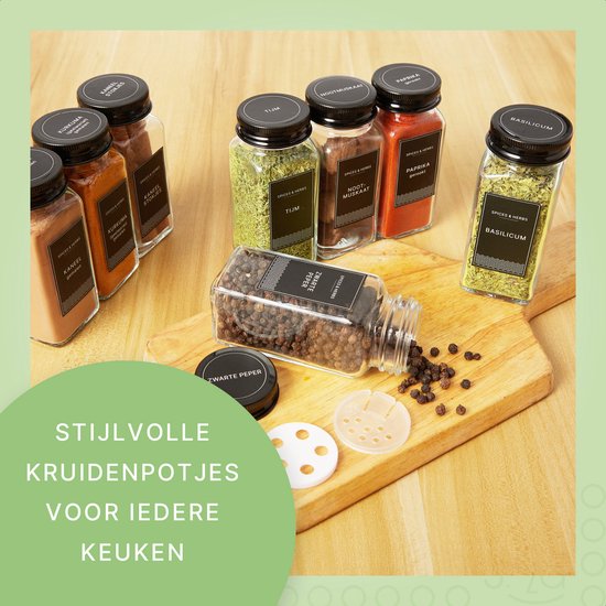 S.old - 36 Glasgewürzdosen quadratisch mit Deckel schwarz - Gewürzstreuer - Komplettset mit Streudeckeln, vorgedruckten Aufklebern und Trichter - Fassungsvermögen 120 ml - 10,5 x 4,3 cm