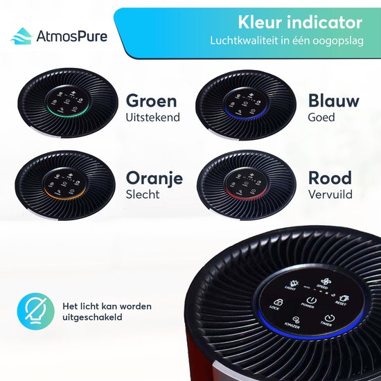 AtmosPure® CleanAir Luftreiniger - Luftreiniger mit austauschbarem HEPA 13 + Kohlefilter - CADR 250 m³/h - Schwarz - Für 98 m² - Wirkt gegen Staubmilben, Heuschnupfen, Allergien, -3 Modi + stiller Schlafmodus - Luftqualitätssensor