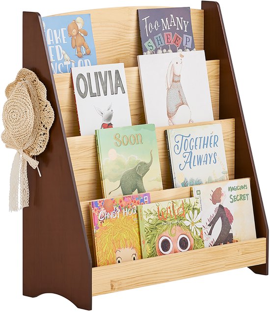 SoBuy KMB32-N Bücherregal für Kinder, Spielzeug, Bücherregal, 4 Ebenen, mit 2 Haken, Bücherregal, Aufbewahrungsschrank, Schlafzimmer, Büro, Wohnzimmer, natur, 91 x 30 x 89 cm