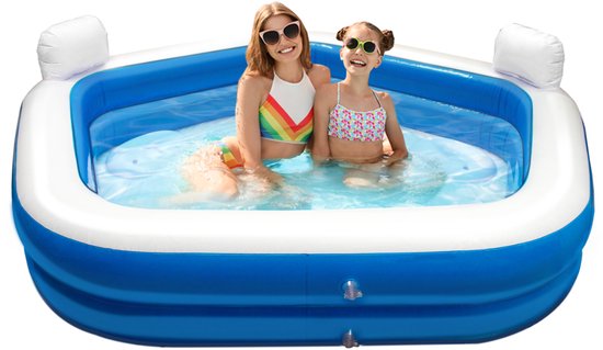 Creative Kids Familien Pool - Aufblasbar - 2 Liegestühle - 213 x 206 x 60 cm - Mit Getränkehalter und Kopfstützen - Weiß/Blau