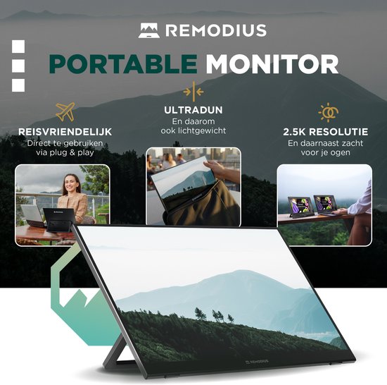 Remodius® Tragbarer Monitor 16 Zoll + Schutzhülle - Ultradünner tragbarer 2.5K-Monitor - Reise-Display-Bundle mit Schutzhülle - USB-C & Mini HDMI - IPS-Bildschirm, HDR, integrierter Kickstand - Für Laptop, Mac & Smartphone