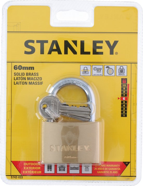 Stanley Vorhängeschloss - 60 MM - 2 Schlüssel - Massivmessing